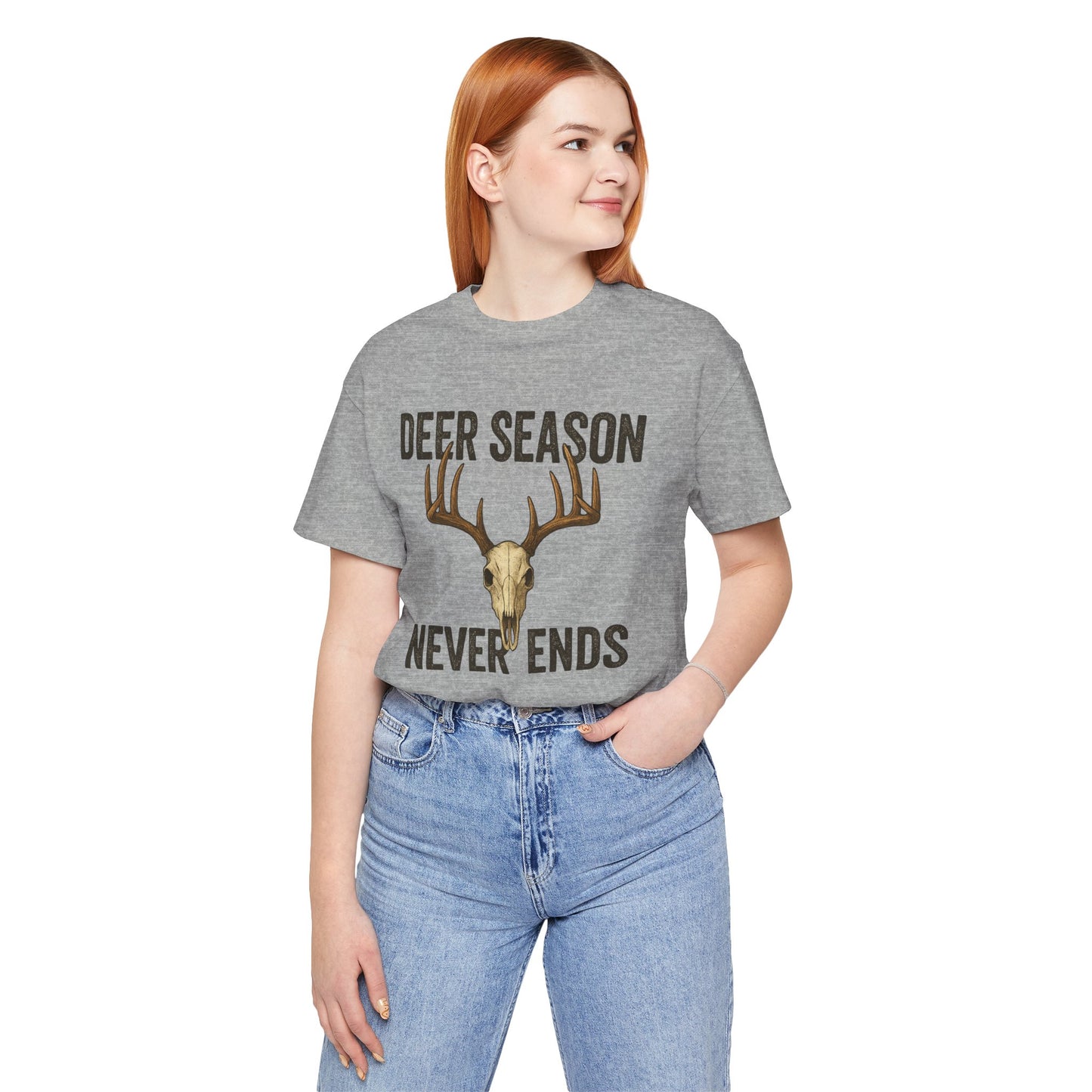 Deer Season Never Ends Tee – Rustic Deer Skull Hunting Graphic Shirt