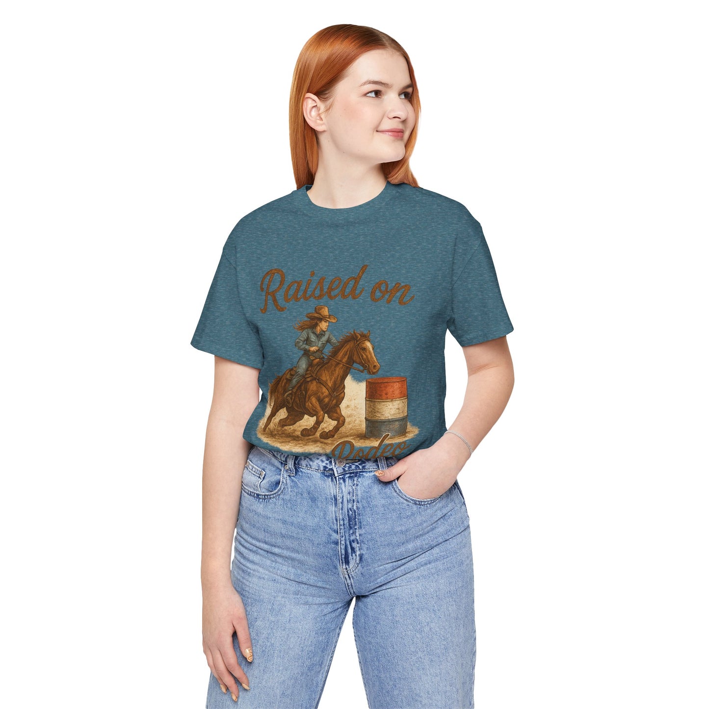 Raised on Rodeo Barrel Racing Tee – Western Cowgirl Graphic Shirt