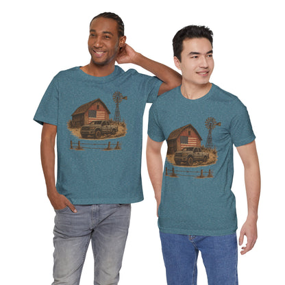 American Barn & Truck Tee – Rustic Farm Life Patriotic Graphic Shirt