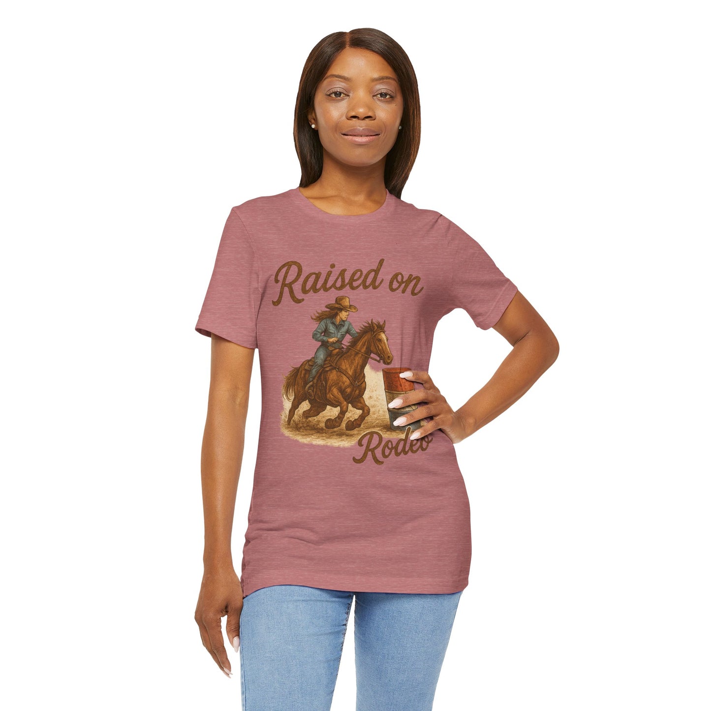 Raised on Rodeo Barrel Racing Tee – Western Cowgirl Graphic Shirt