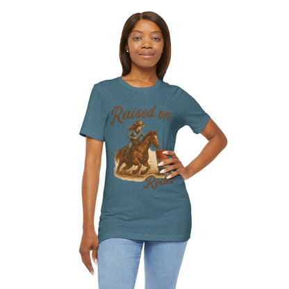 Raised on Rodeo Barrel Racing Tee – Western Cowgirl Graphic Shirt