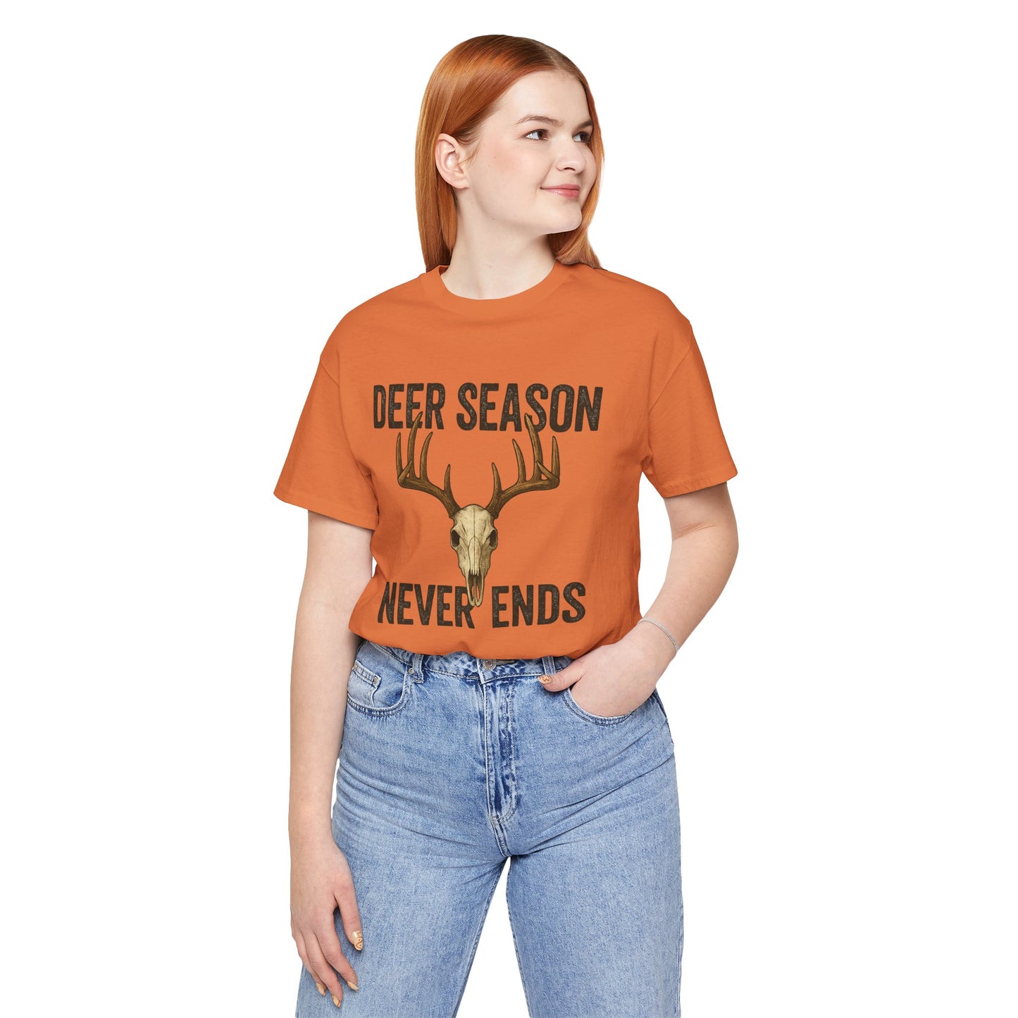 Deer Season Never Ends Tee – Rustic Deer Skull Hunting Graphic Shirt