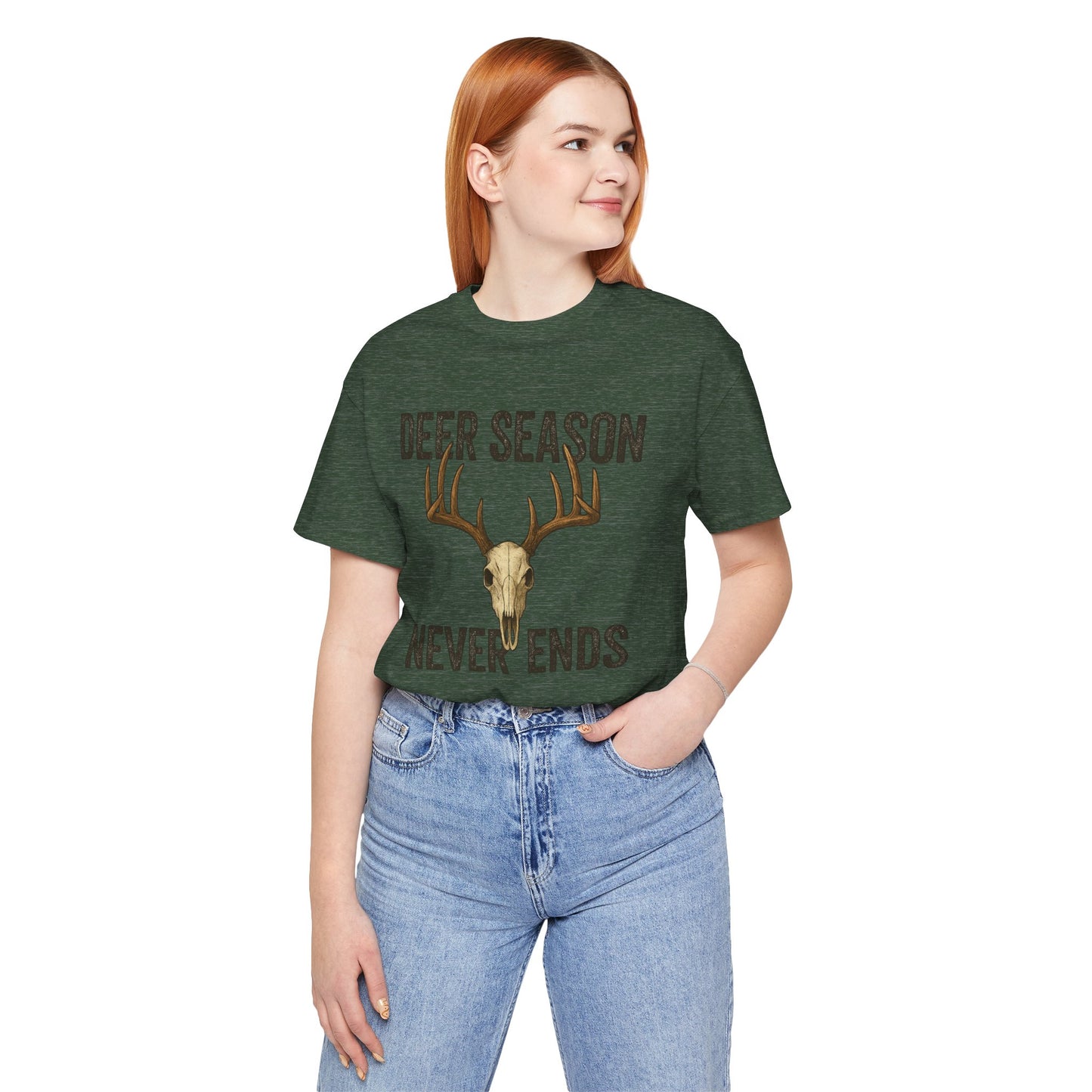 Deer Season Never Ends Tee – Rustic Deer Skull Hunting Graphic Shirt