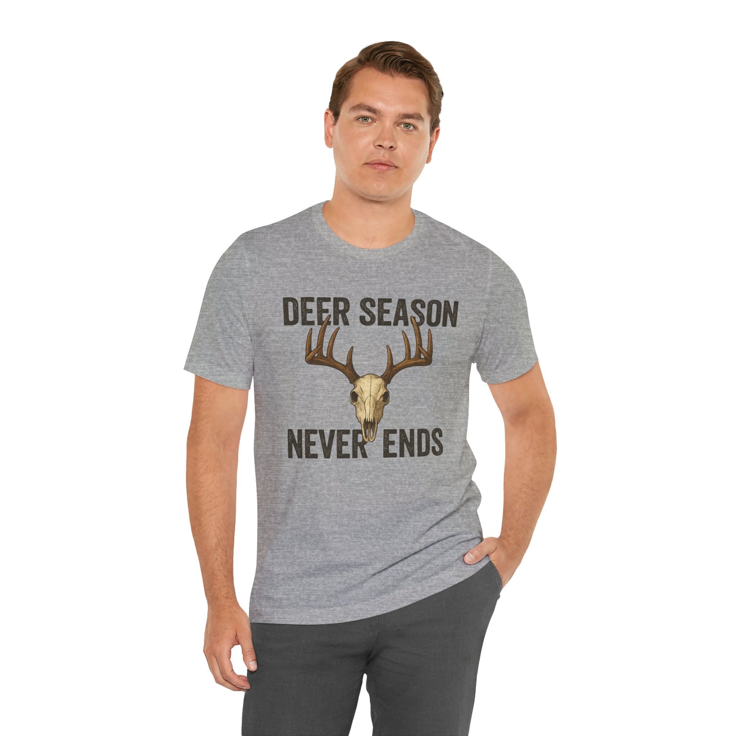 Deer Season Never Ends Tee – Rustic Deer Skull Hunting Graphic Shirt