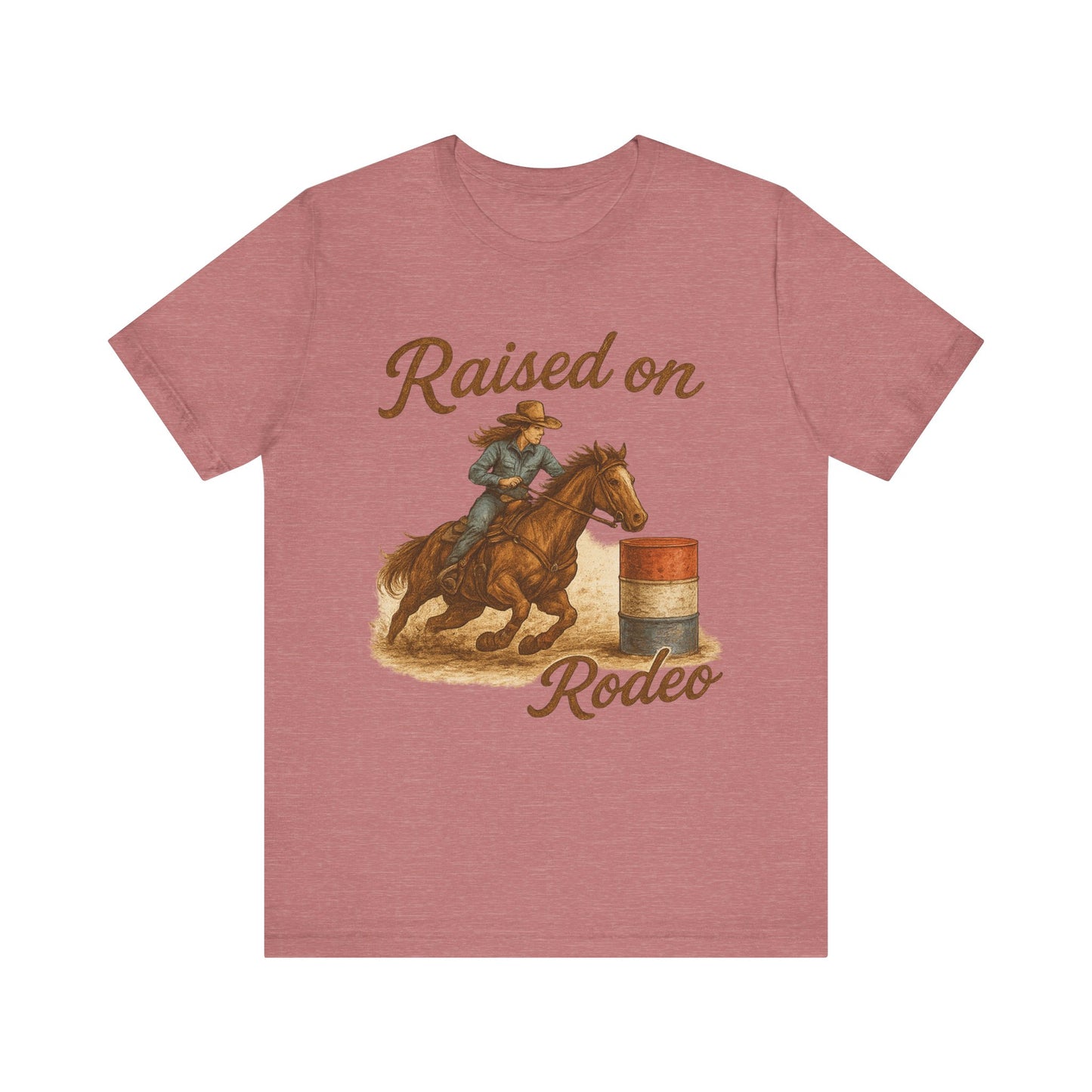 Raised on Rodeo Barrel Racing Tee – Western Cowgirl Graphic Shirt