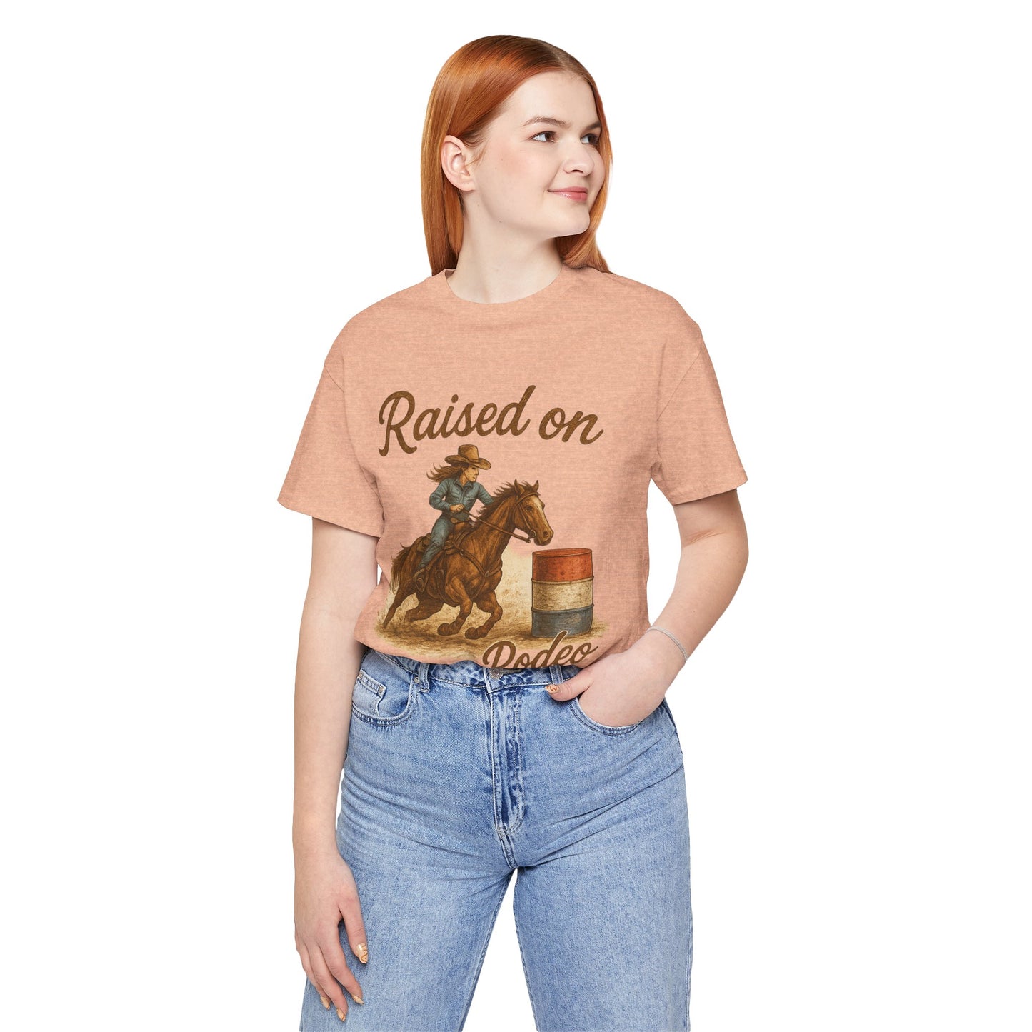 Raised on Rodeo Barrel Racing Tee – Western Cowgirl Graphic Shirt
