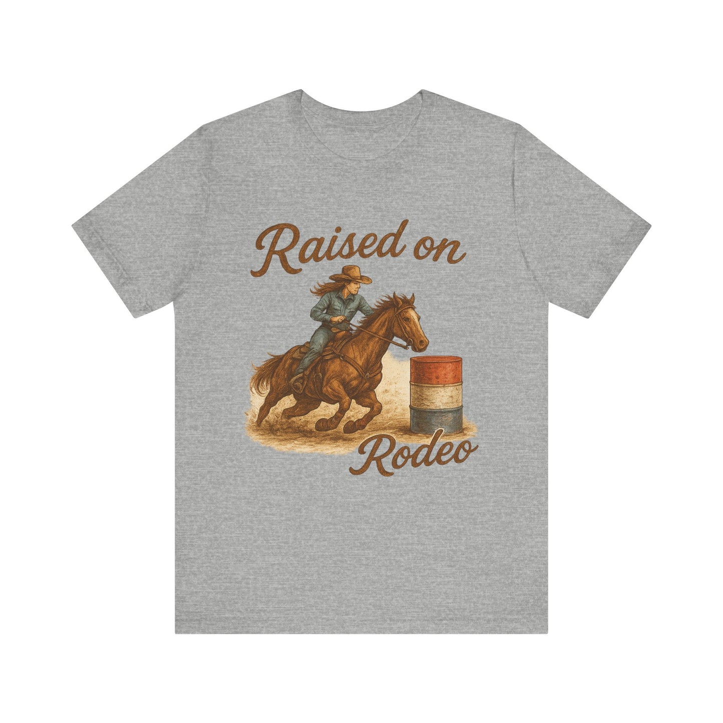 Raised on Rodeo Barrel Racing Tee – Western Cowgirl Graphic Shirt