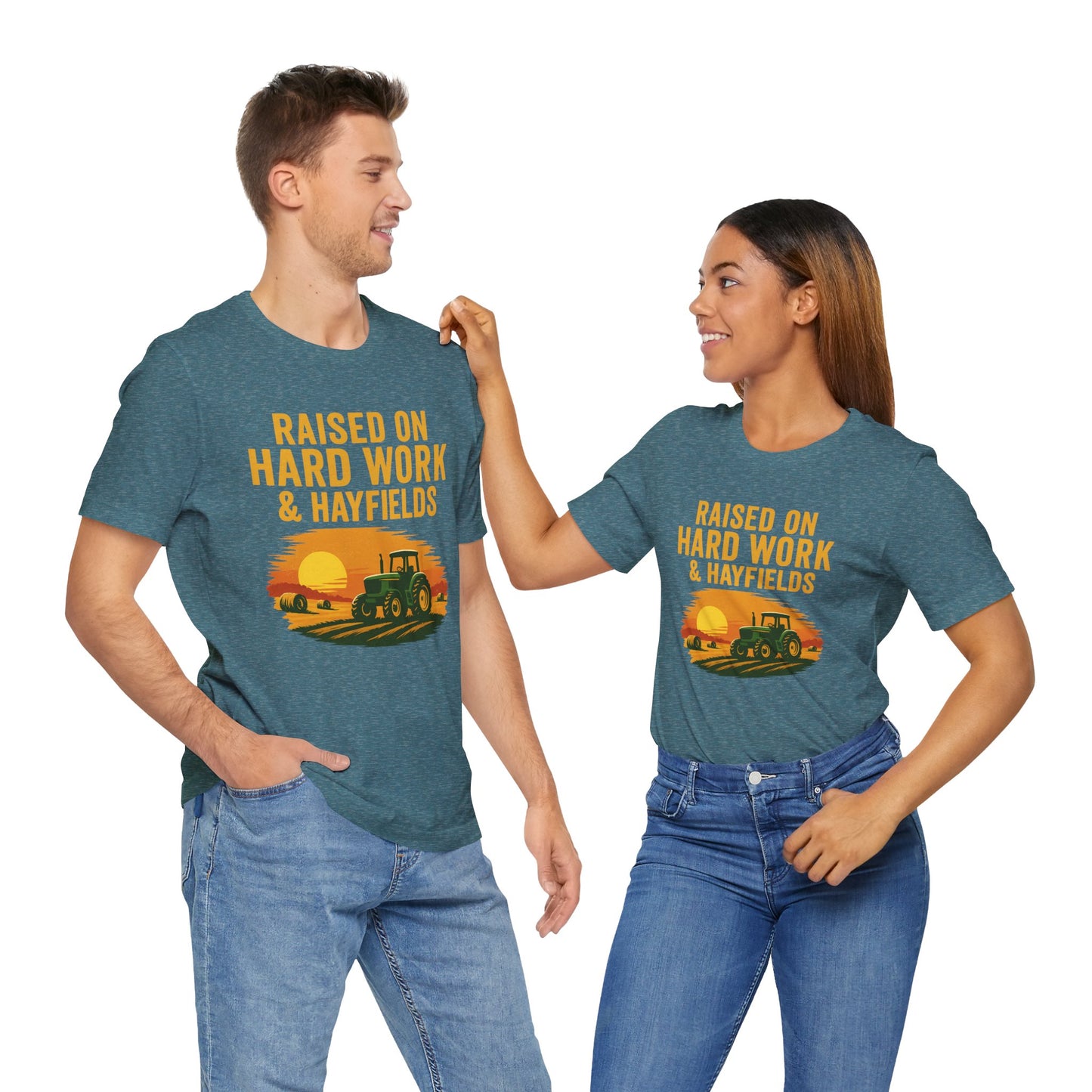 Raised on Hard Work & Hayfields Tee – Farm Life Tractor Graphic Shirt