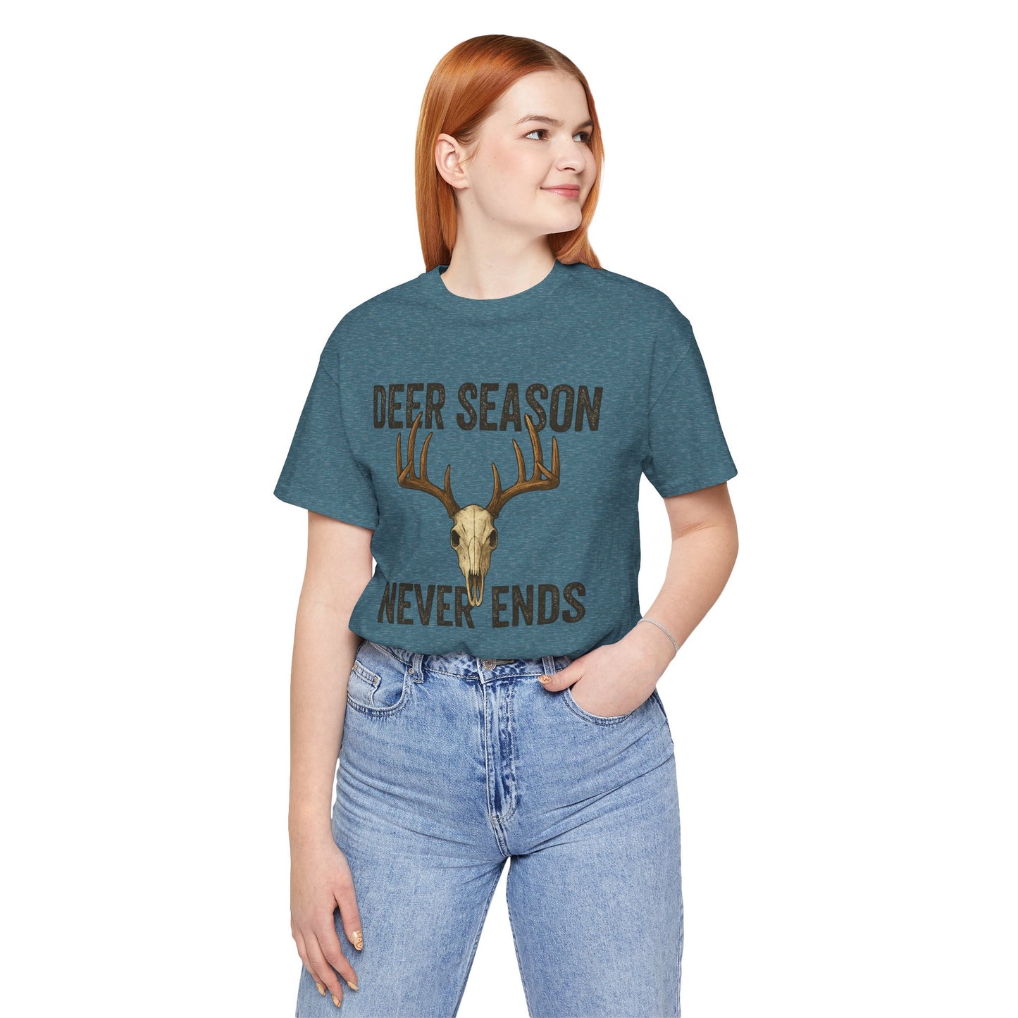 Deer Season Never Ends Tee – Rustic Deer Skull Hunting Graphic Shirt