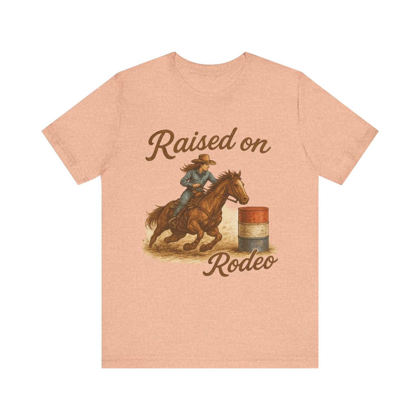 Raised on Rodeo Barrel Racing Tee – Western Cowgirl Graphic Shirt