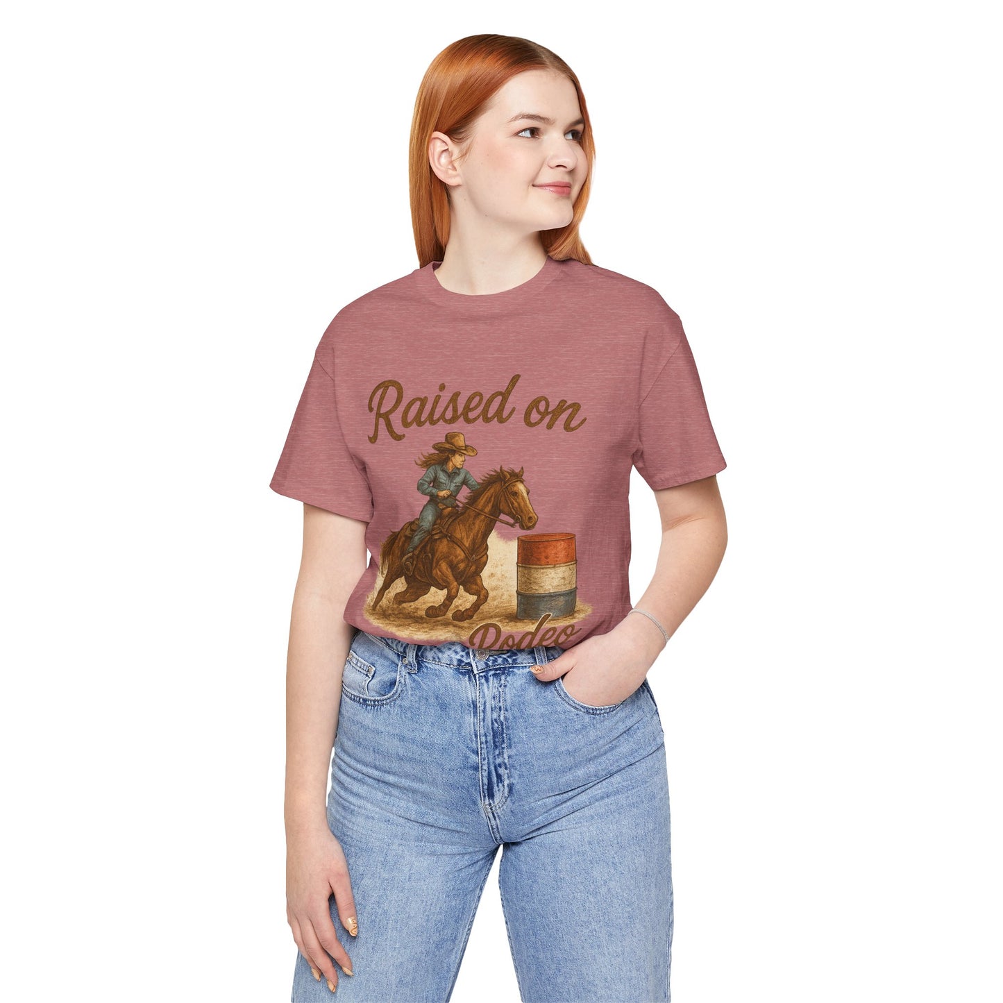 Raised on Rodeo Barrel Racing Tee – Western Cowgirl Graphic Shirt