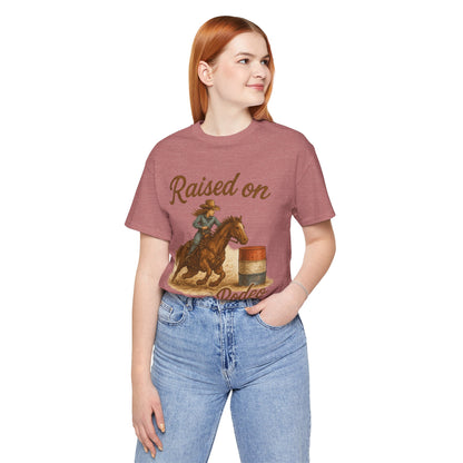 Raised on Rodeo Barrel Racing Tee – Western Cowgirl Graphic Shirt