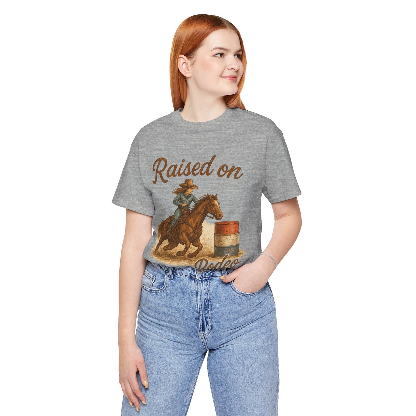 Raised on Rodeo Barrel Racing Tee – Western Cowgirl Graphic Shirt