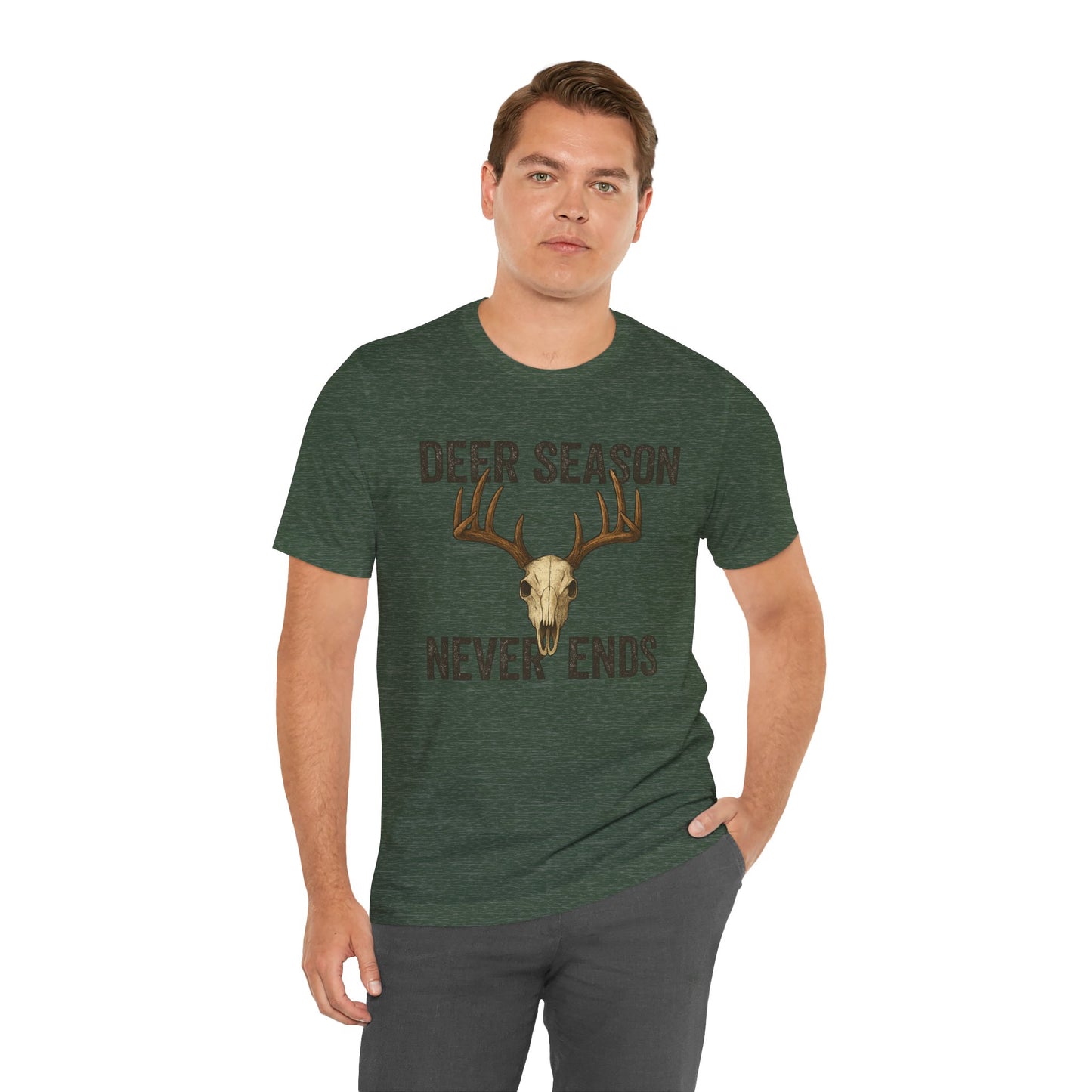 Deer Season Never Ends Tee – Rustic Deer Skull Hunting Graphic Shirt